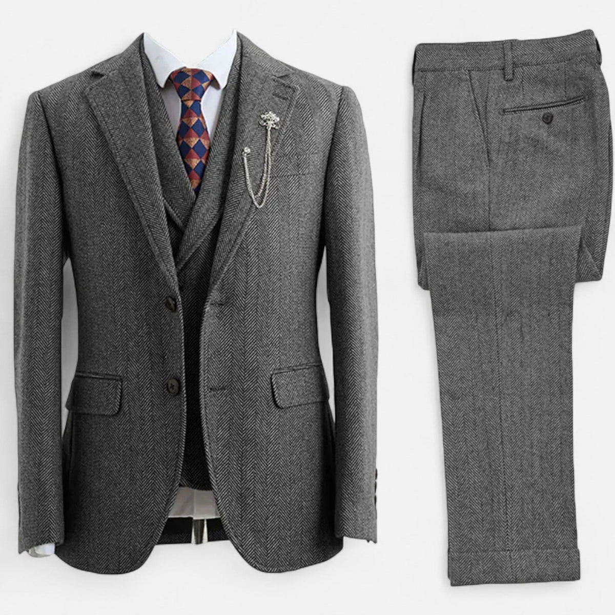 Traje de tres piezas para hombre con diseño de espiga y corte ajustado