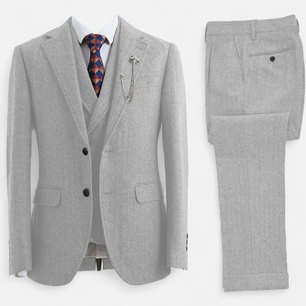 Traje de tres piezas para hombre con diseño de espiga y corte ajustado