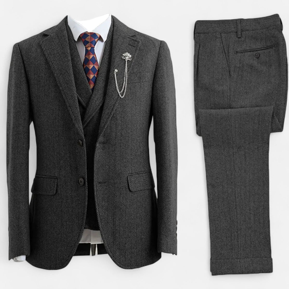 Traje de tres piezas para hombre con diseño de espiga y corte ajustado