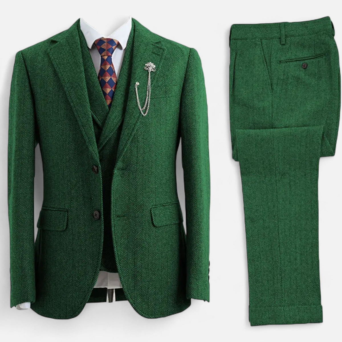 Traje de tres piezas para hombre con diseño de espiga y corte ajustado
