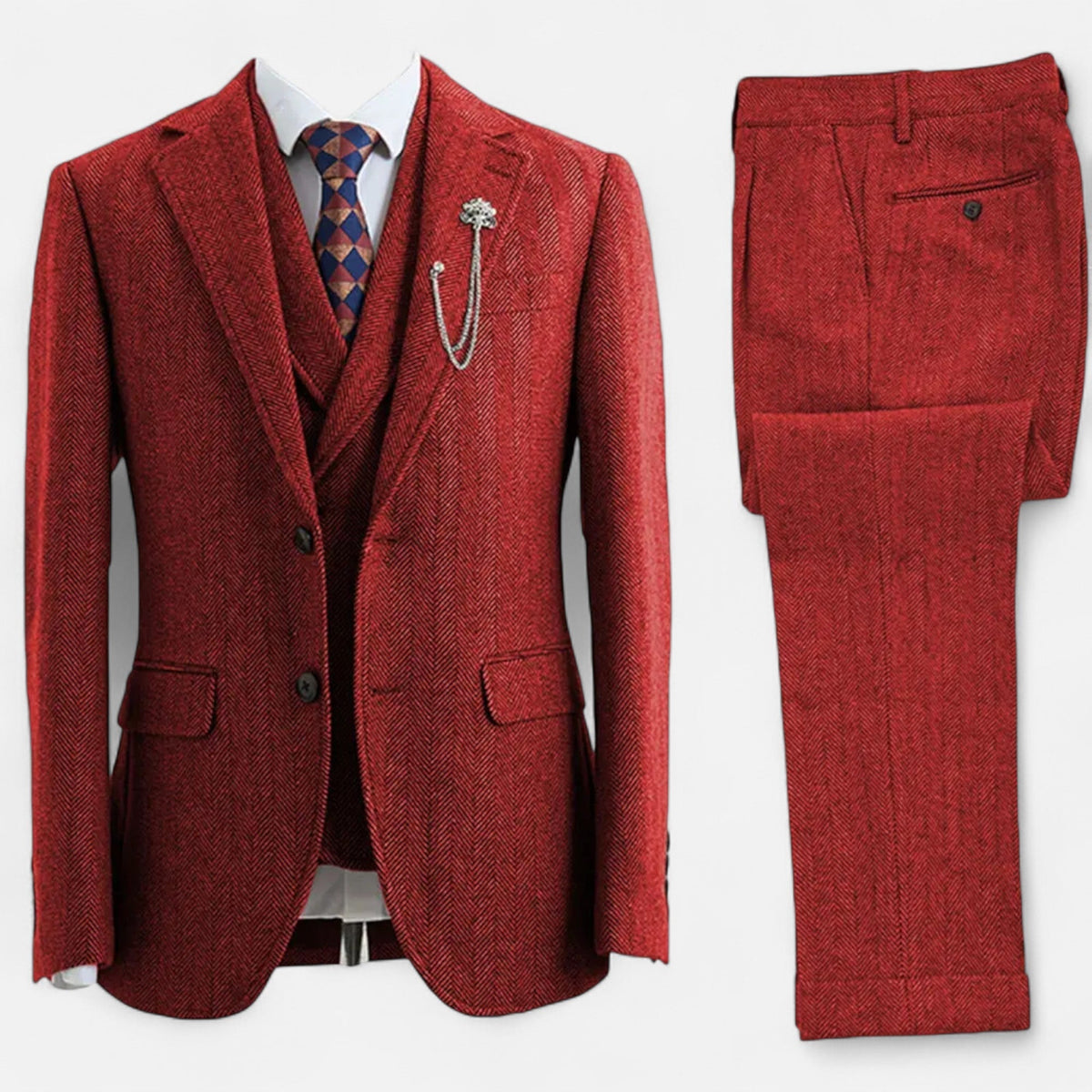 Traje de tres piezas para hombre con diseño de espiga y corte ajustado