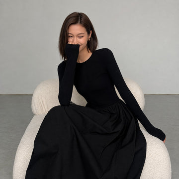 Vestido largo mujer de manga larga con cuello redondo y bolsillos