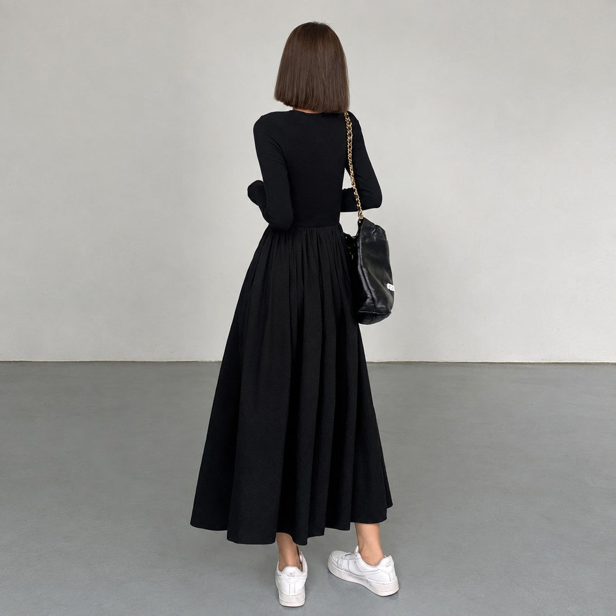 Vestido largo mujer de manga larga con cuello redondo y bolsillos