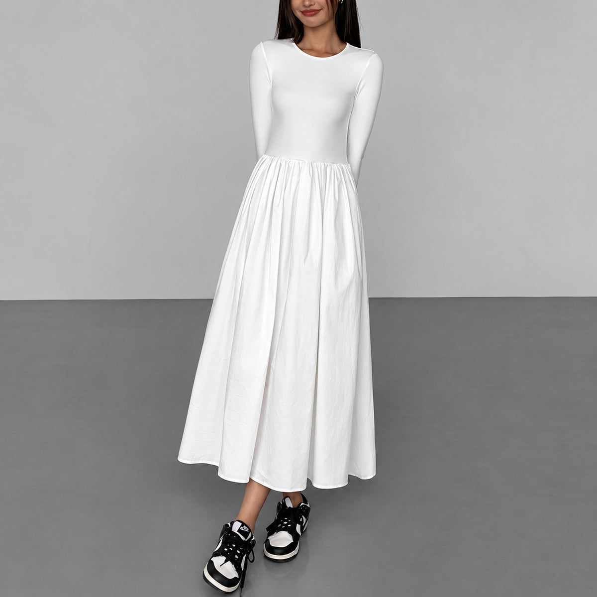 Vestido largo mujer de manga larga con cuello redondo y bolsillos