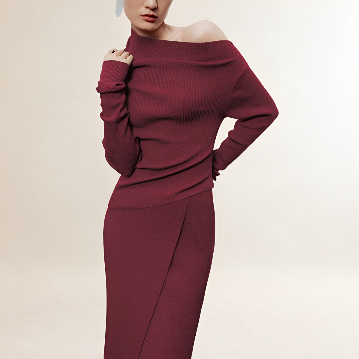 Vestido largo para mujer con hombros descubiertos, manga larga, estilo envolvente y abertura lateral