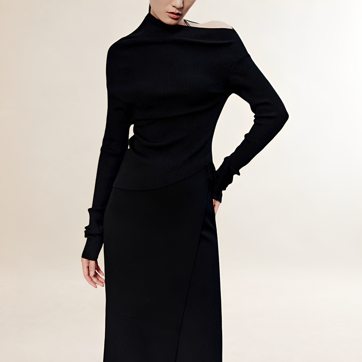 Vestido largo para mujer con hombros descubiertos, manga larga, estilo envolvente y abertura lateral