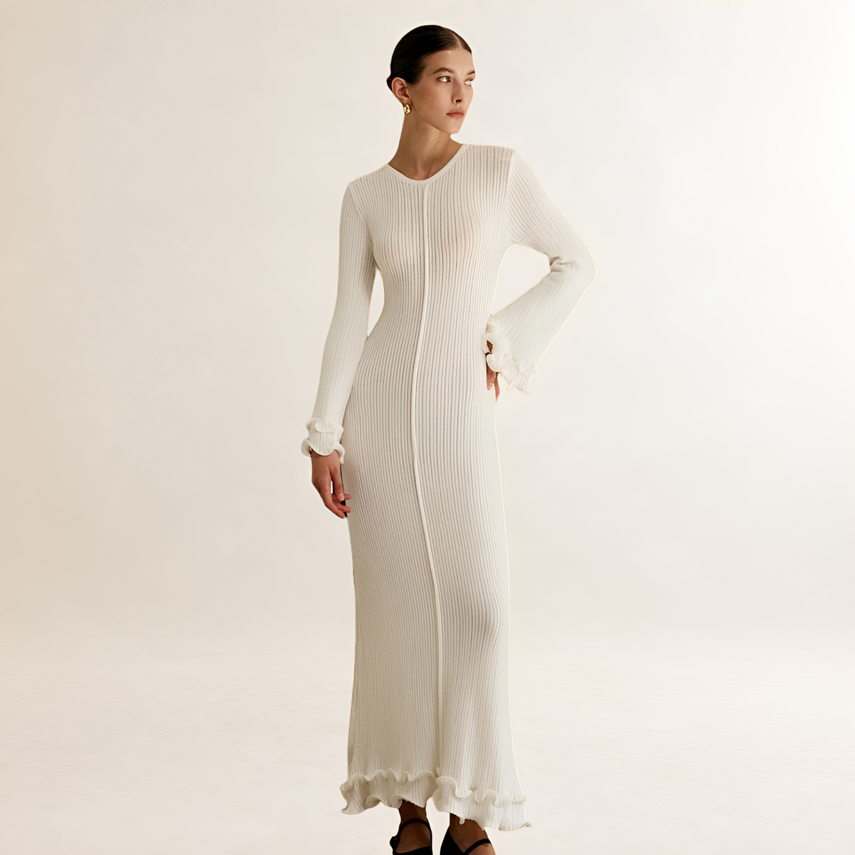Vestido largo para mujer de manga larga y dobladillo con volantes y ajuste ajustado