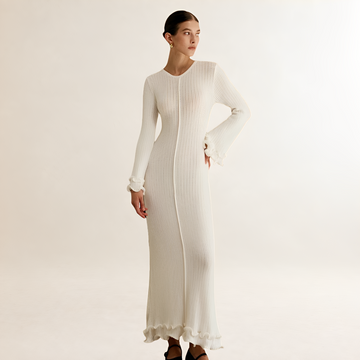 Vestido largo para mujer de manga larga y dobladillo con volantes y ajuste ajustado