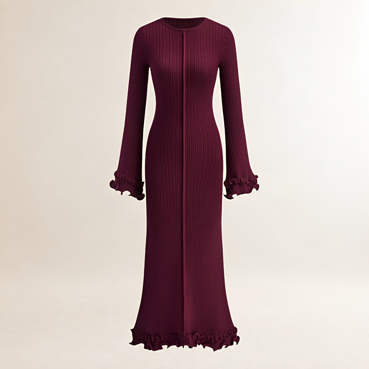 Vestido largo para mujer de manga larga y dobladillo con volantes y ajuste ajustado