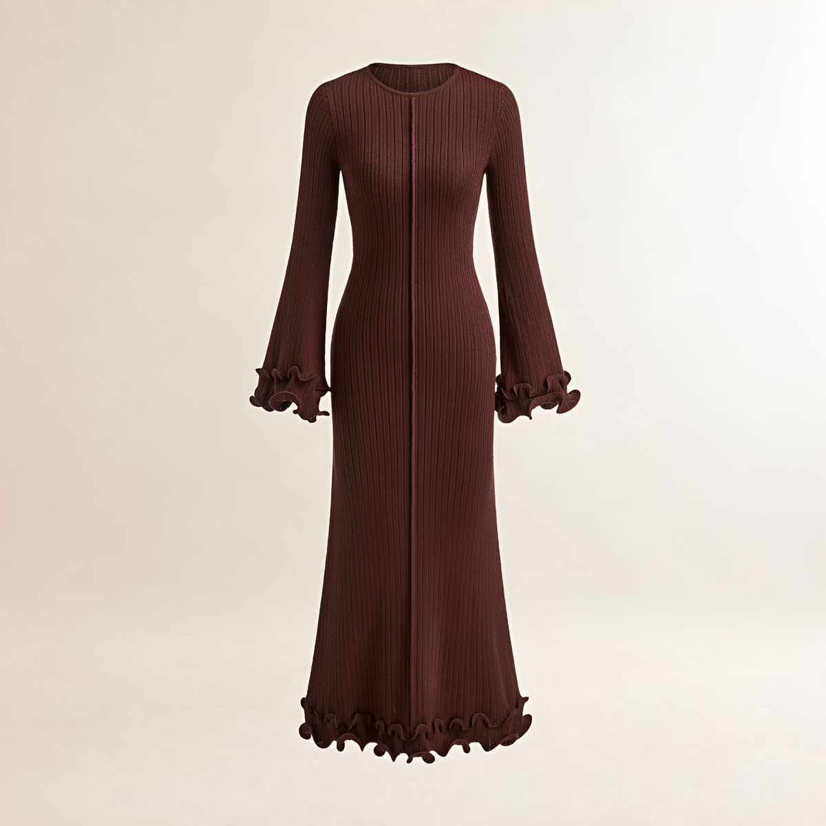 Vestido largo para mujer de manga larga y dobladillo con volantes y ajuste ajustado