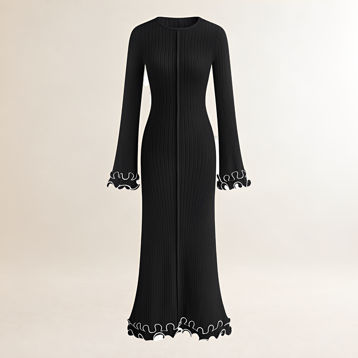 Vestido largo para mujer de manga larga y dobladillo con volantes y ajuste ajustado