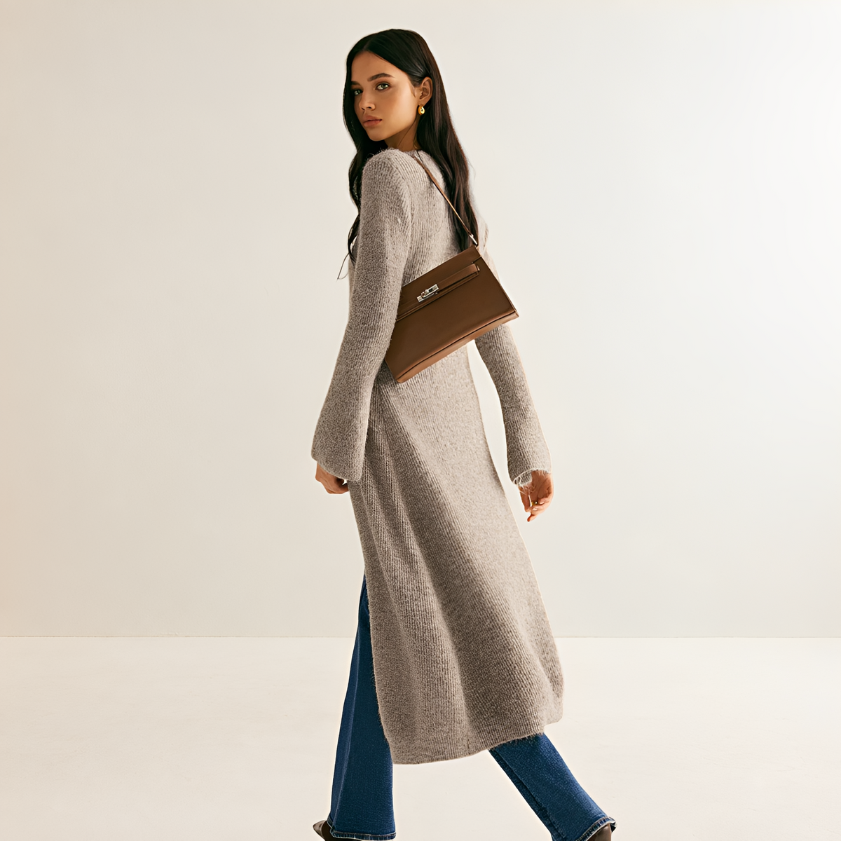 Vestido suéter para mujer con cuello en V y botones delanteros, estilo cárdigan largo - Corte relajado