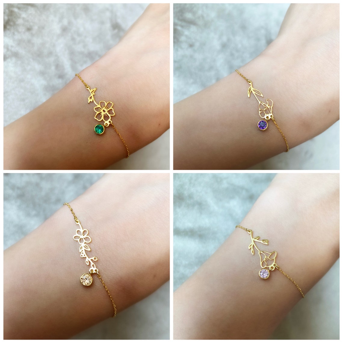 Pulsera de flores de nacimiento - Pulsera de gema de nacimiento