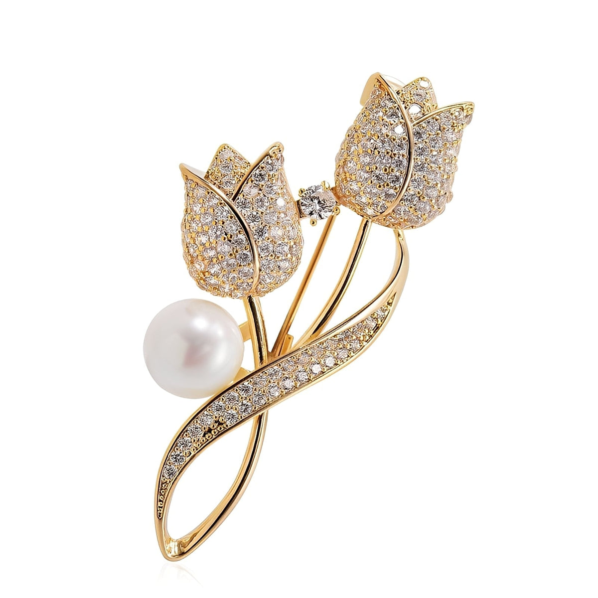Jackie – Broche dorado en forma de tulipán con circonio y perla, oro