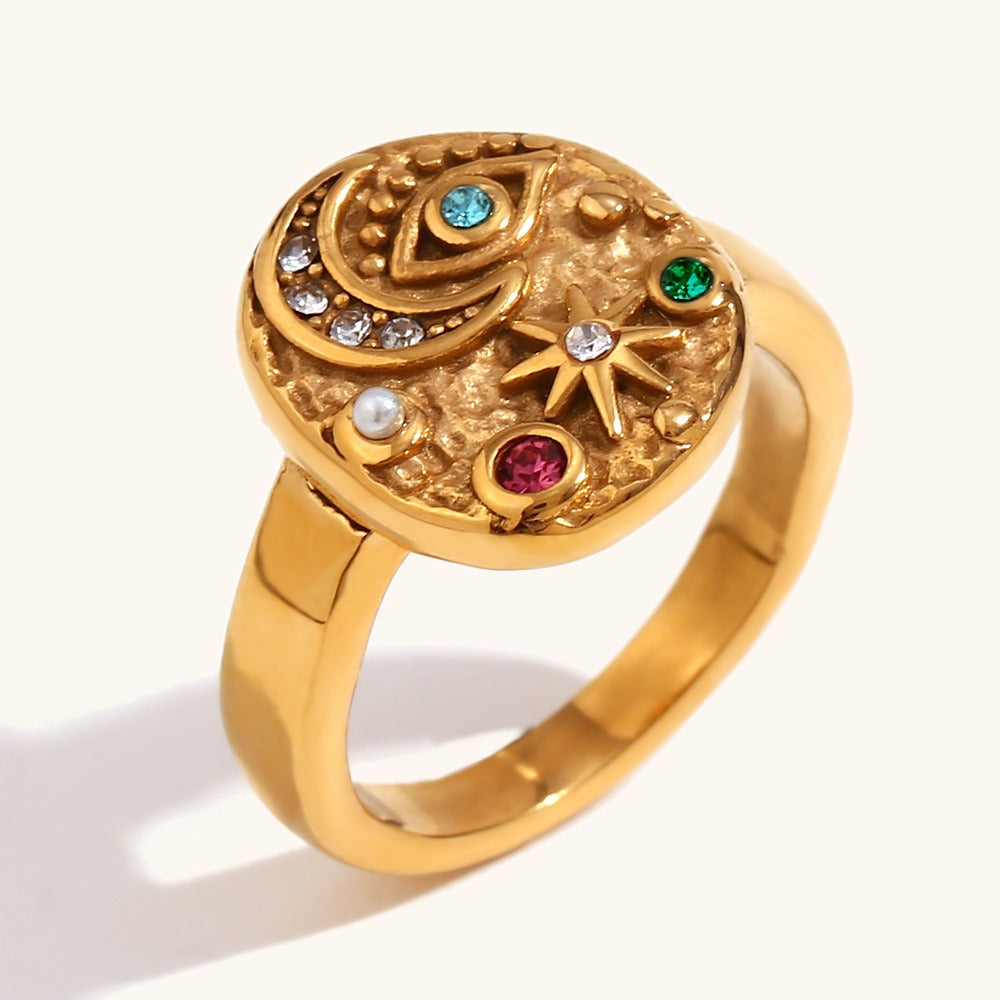 Solenya – Anillo de cristal dorado con diseño sol-luna