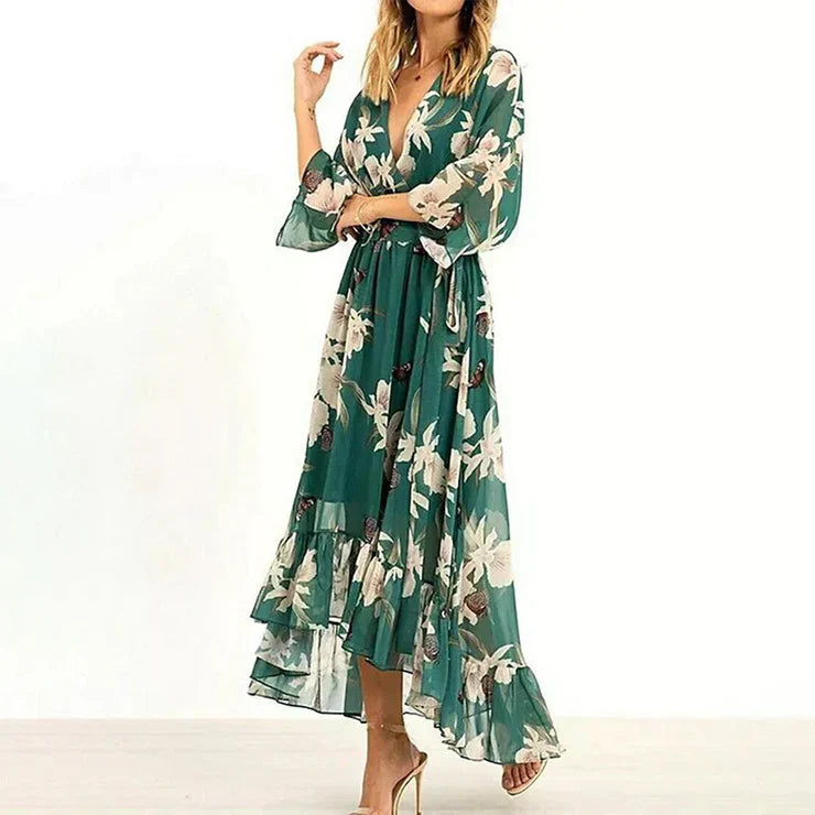 Riri - Vestido maxi verde con cuello en V, mangas tres cuartos