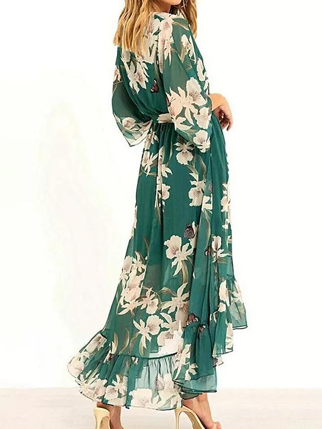 Riri - Vestido maxi verde con cuello en V, mangas tres cuartos