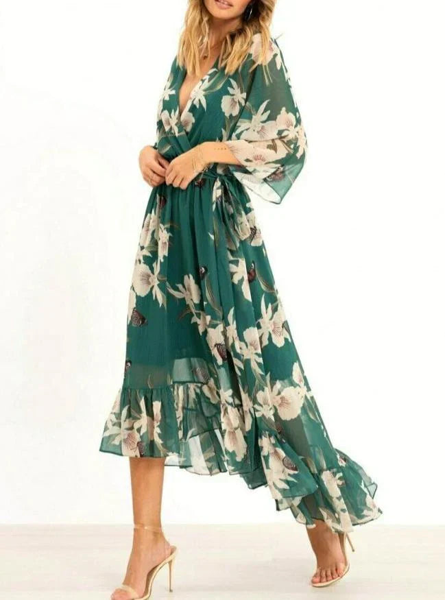 Riri - Vestido maxi verde con cuello en V, mangas tres cuartos