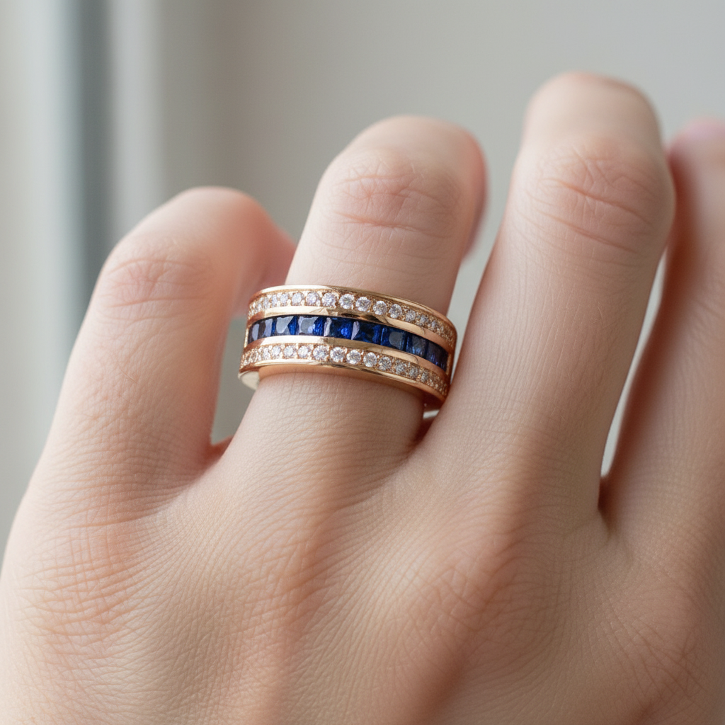 Ronan – Anillo cuadrado para hombre con cristales y zafiro dorado