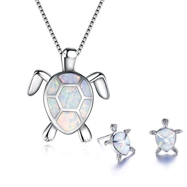 Kailea – Conjunto de joyas de tortuga de ópalo y plata (collar + pendientes)