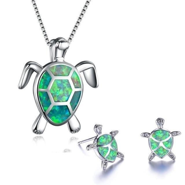 Kailea – Conjunto de joyas de tortuga de ópalo y plata (collar + pendientes)
